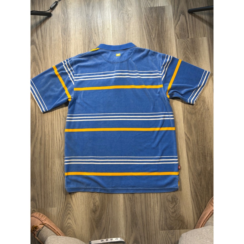 Ecko Unltd Mens Velour Polo Shirt Blue Yellow Stripe Short Sleeve Size Large y2k